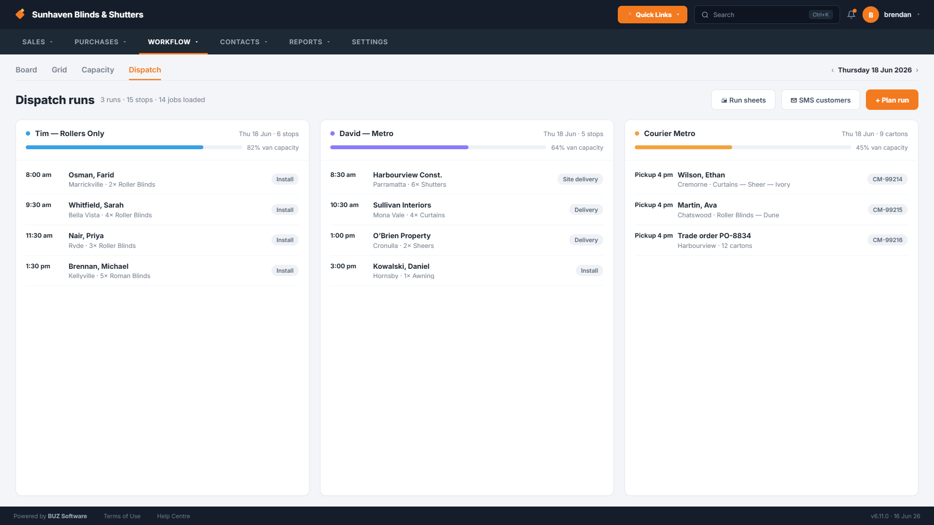 BUZ dispatch — install runs grouped by van capacity and region