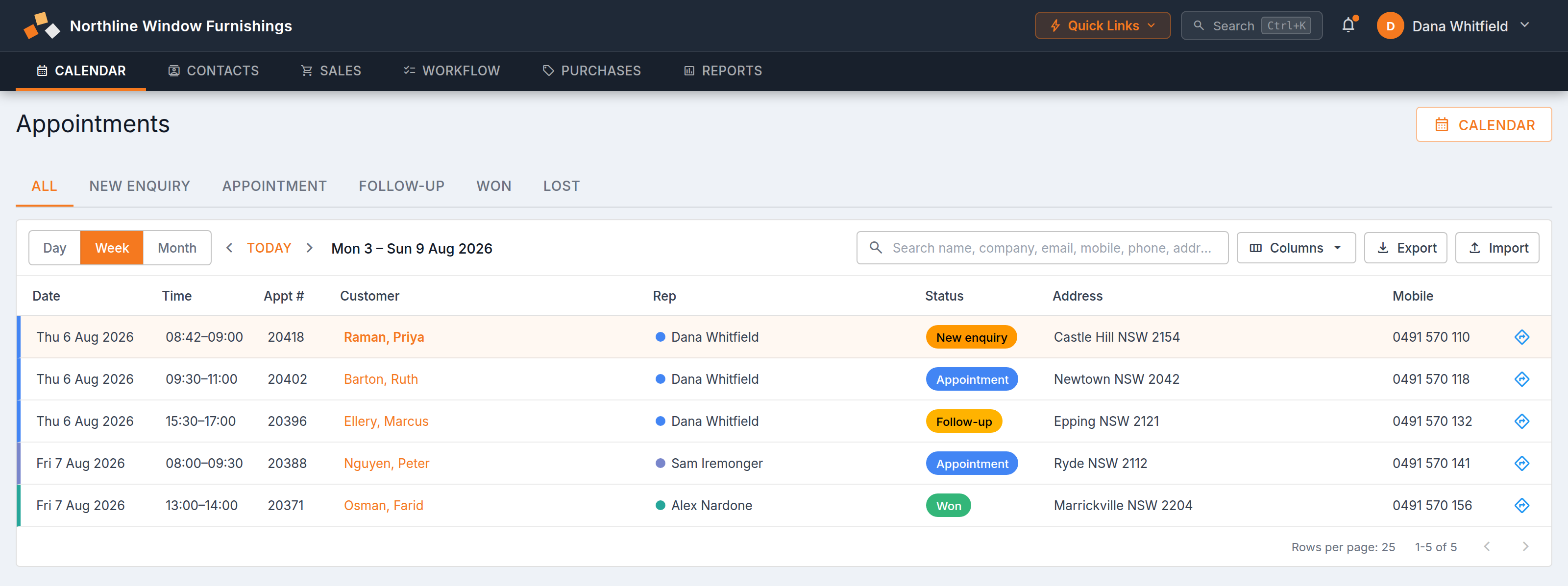BUZ appointments and enquiries grid — status, rep, address and mobile for every lead