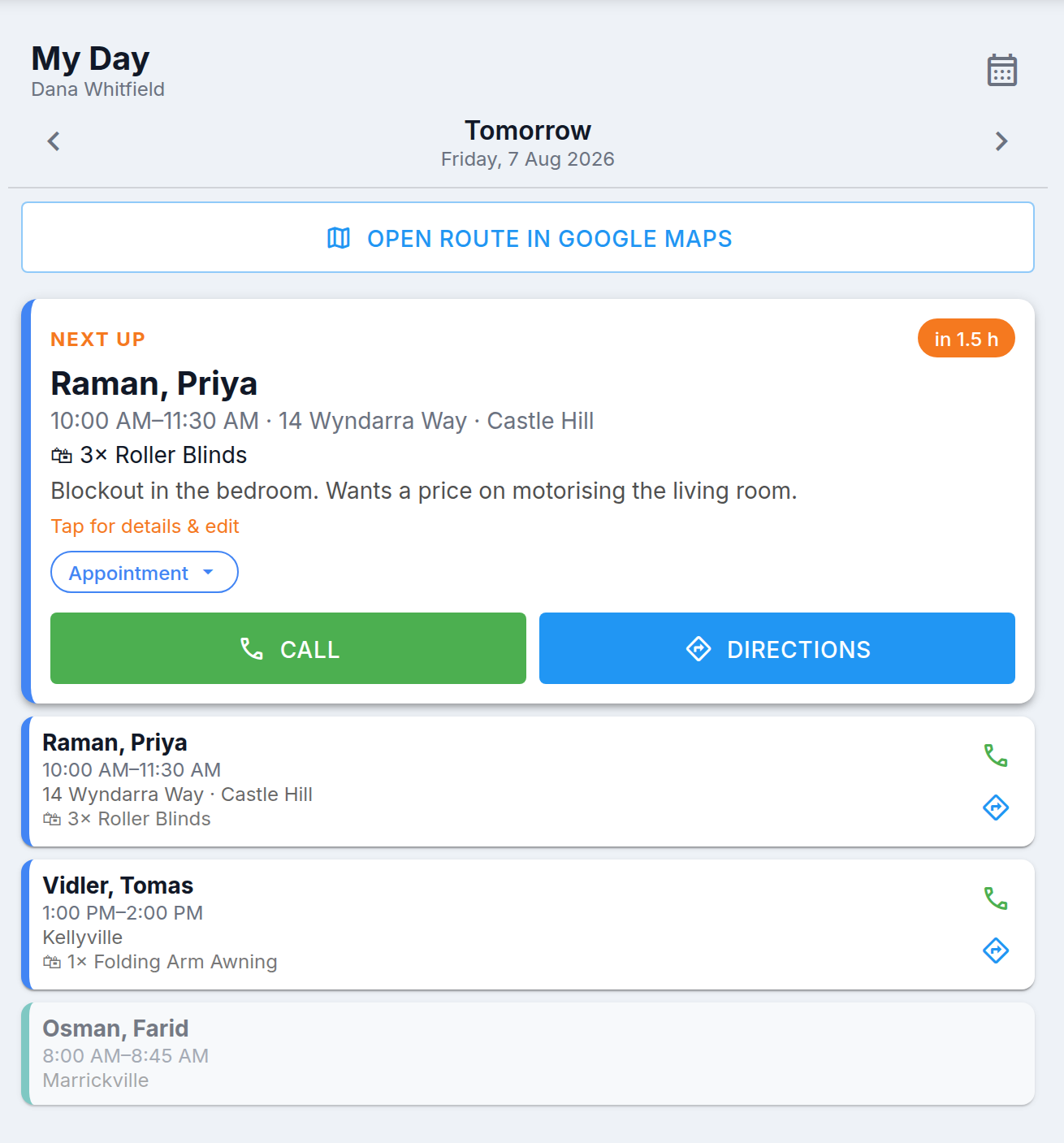BUZ My Day — the rep's next appointment with address, products, customer notes and call or directions