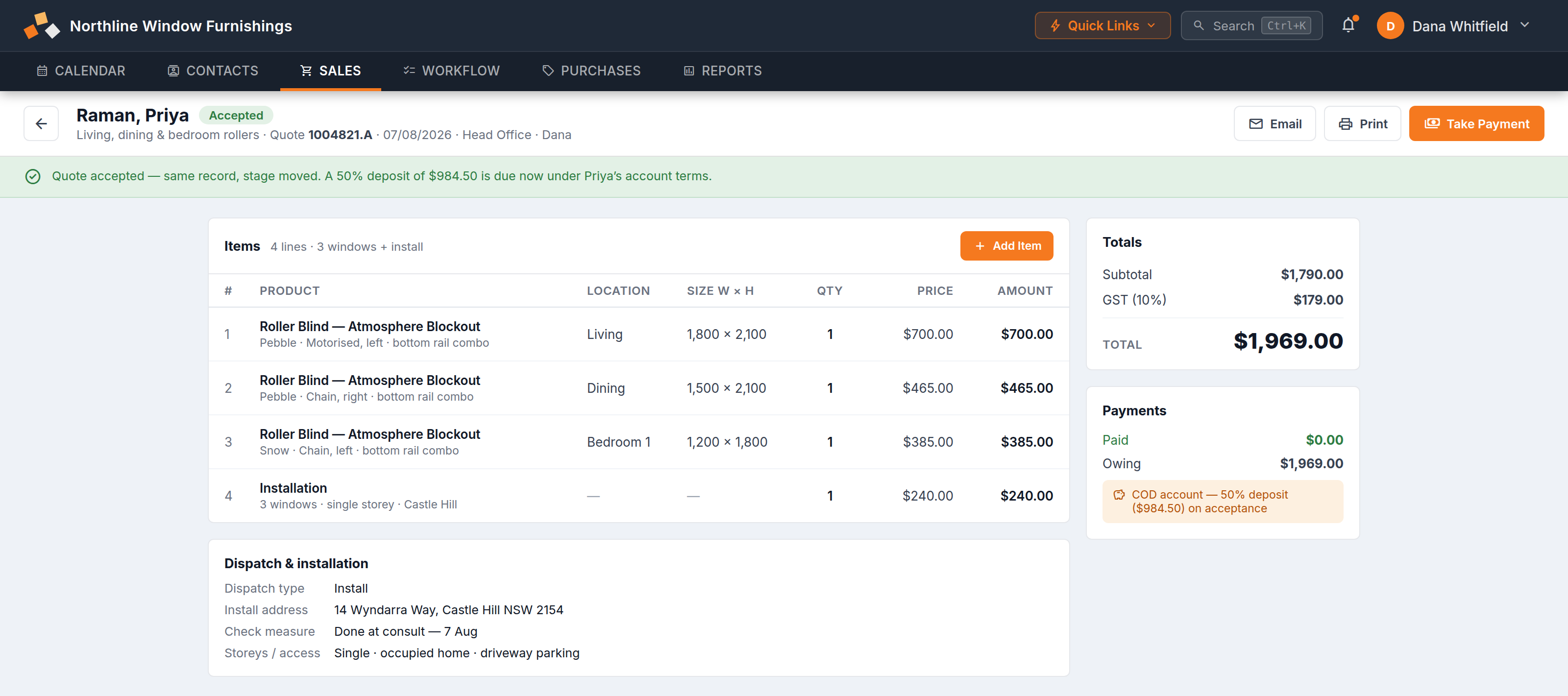 An accepted BUZ quote — stage moved, 50% deposit due under the customer's account terms, Take Payment ready
